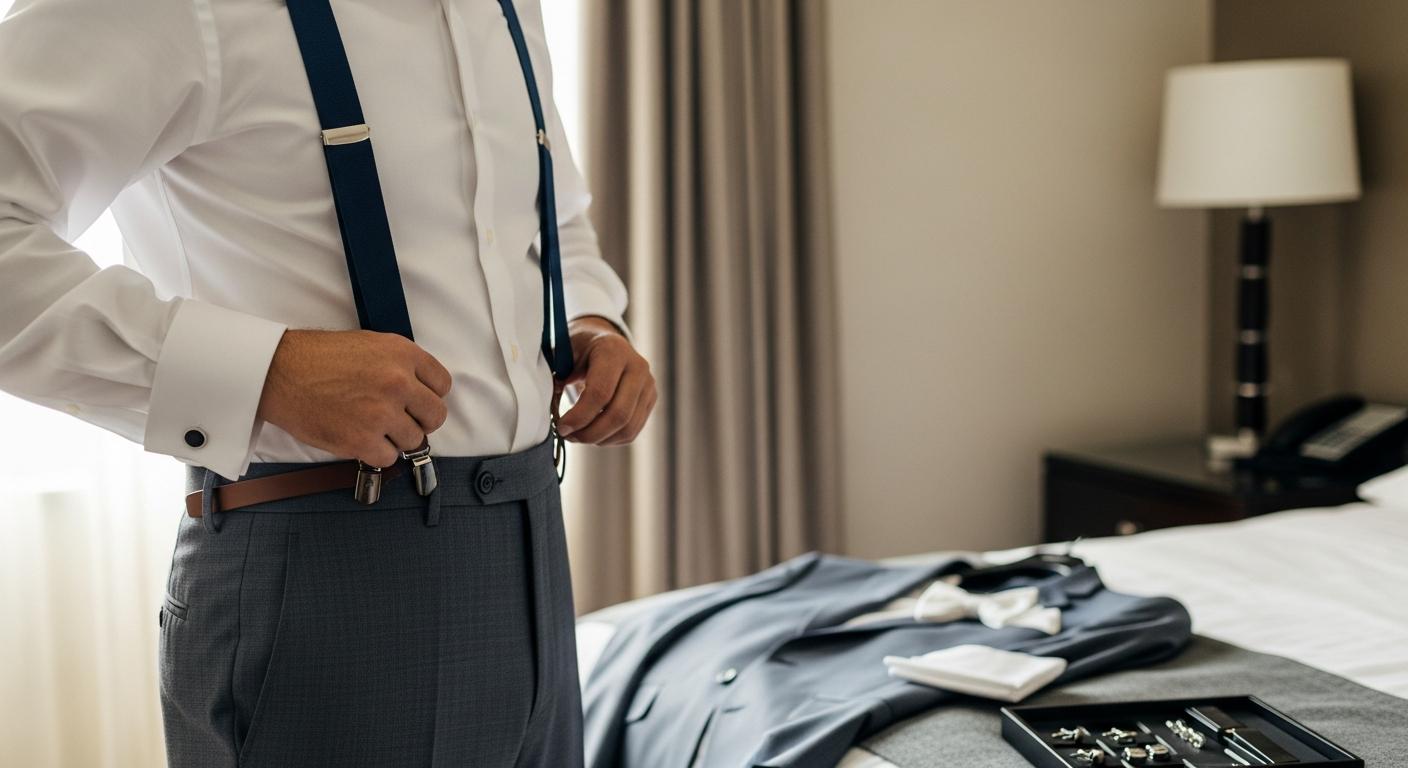 Homme en chemise blanche ajustant des bretelles bleu marine avec attaches en cuir, dans une chambre lumineuse avant un mariage Kuva