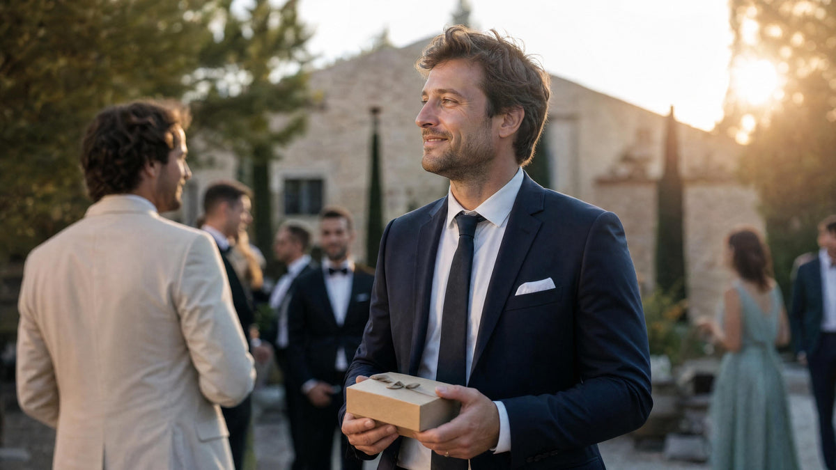 Témoin de mariage recevant un accessoire homme en cadeau, dans une ambiance de cérémonie élégante. Kuva