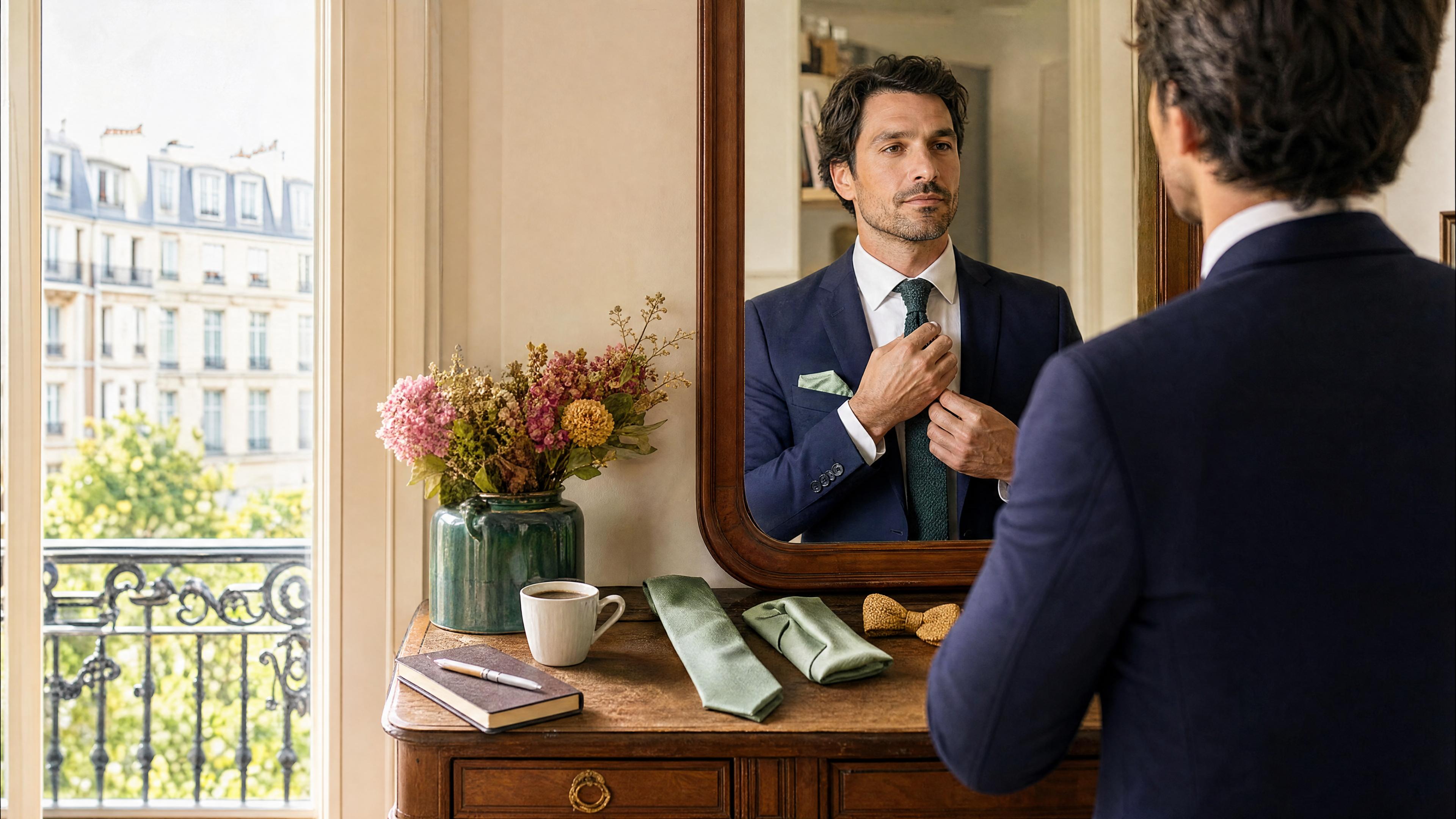 Homme en blazer bleu marine ajustant sa cravate, avec une pochette de costume et des accessoires vert sauge posés sur une commode, ambiance rentrée au bureau. Kuva