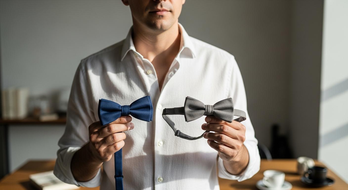 Homme en chemise blanche comparant un nœud papillon à nouer et un modèle ajustable dans un intérieur lumineux Kuva