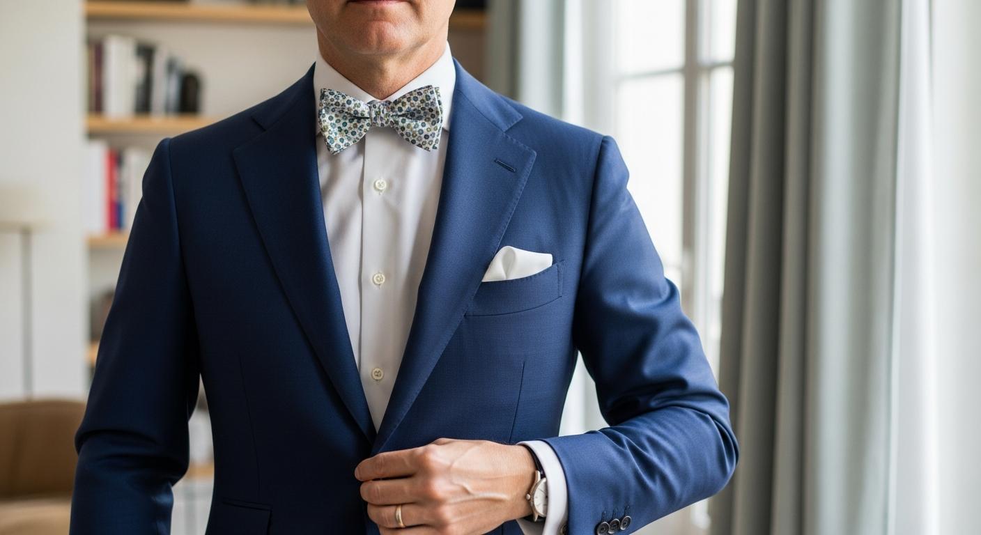 Homme en costume bleu marine portant un nœud papillon liberty avec chemise blanche, photographié en lumière naturelle dans un intérieur élégant