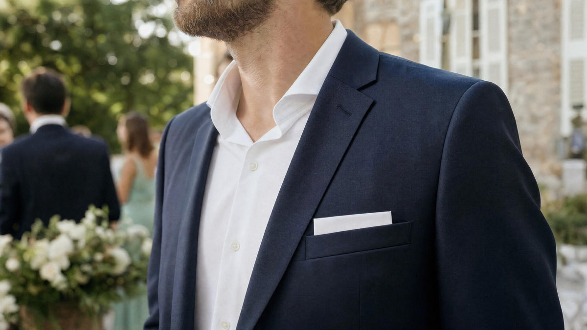 Homme en costume avec pochette de costume pour mariage, style élégant et formel. Kuva