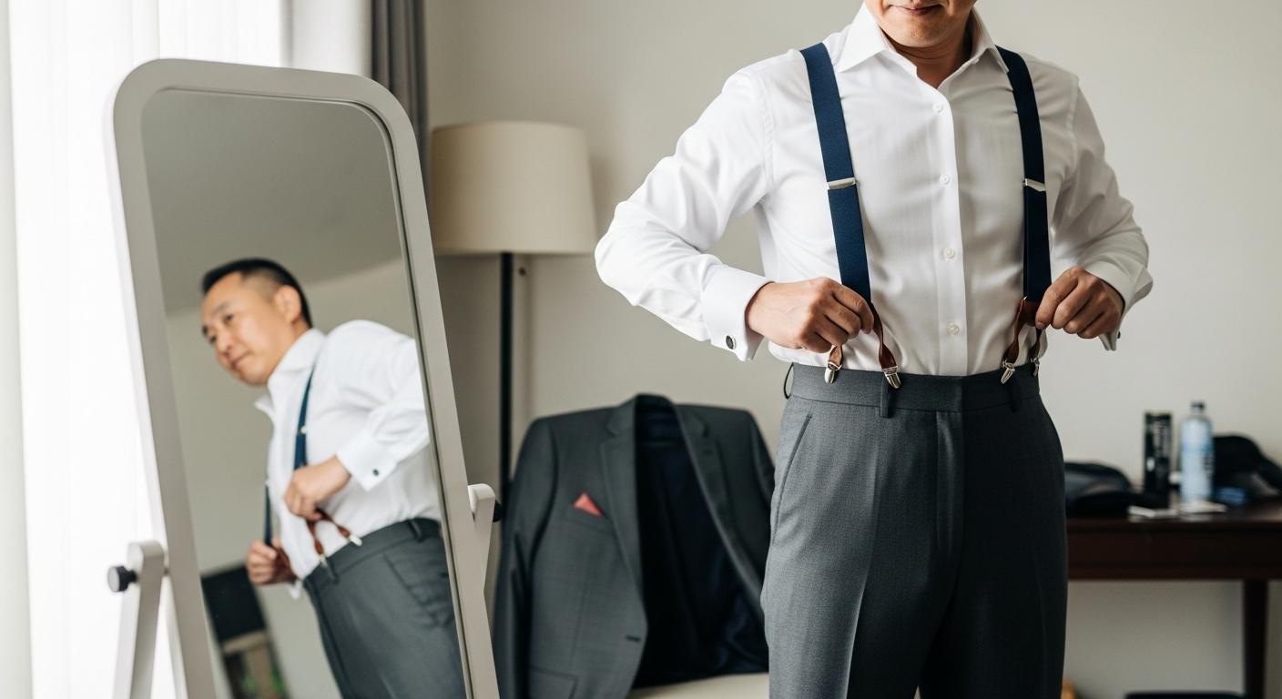 Homme en chemise blanche réglant ses bretelles bleu marine devant un miroir, avec pantalon de costume gris taille haute, dans une pièce lumineuse