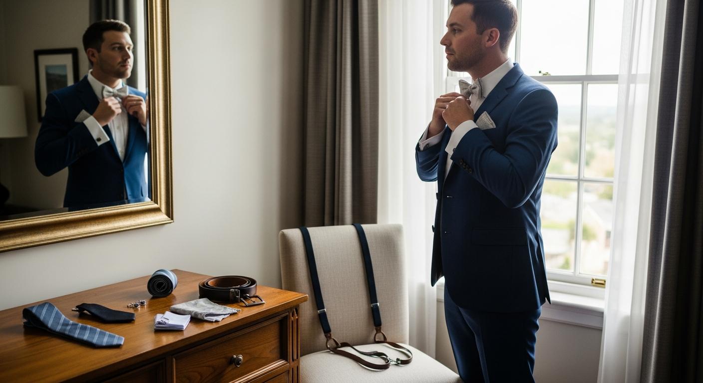 Témoin ajustant son nœud papillon devant un miroir, costume bleu marine et accessoires assortis, dans une chambre d’hôtel avant un mariage Kuva