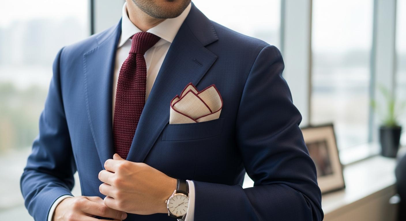Homme en costume bleu marine avec chemise blanche et cravate bordeaux, portant une pochette en lin écru à liseré bordeaux dans la poche poitrine, lumière naturelle en bureau Kuva