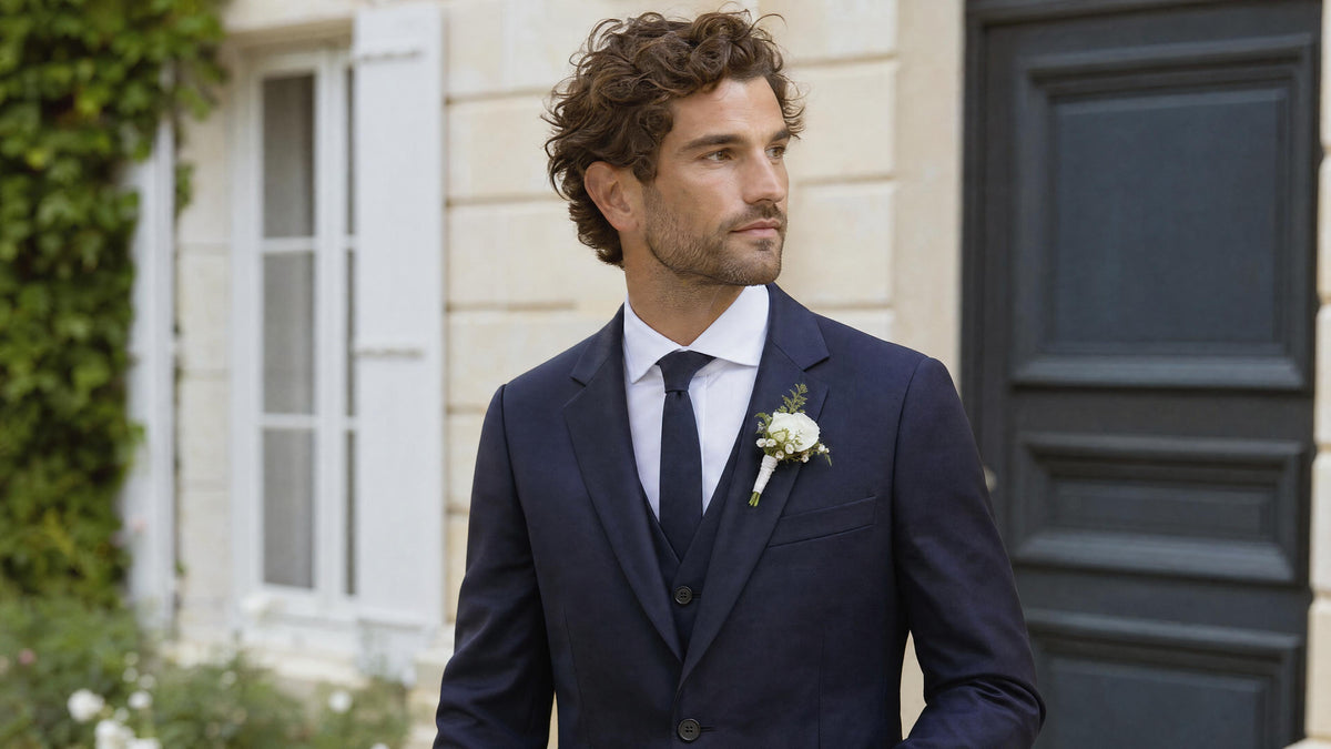 Homme en costume portant une boutonnière sur le revers gauche de sa veste Kuva