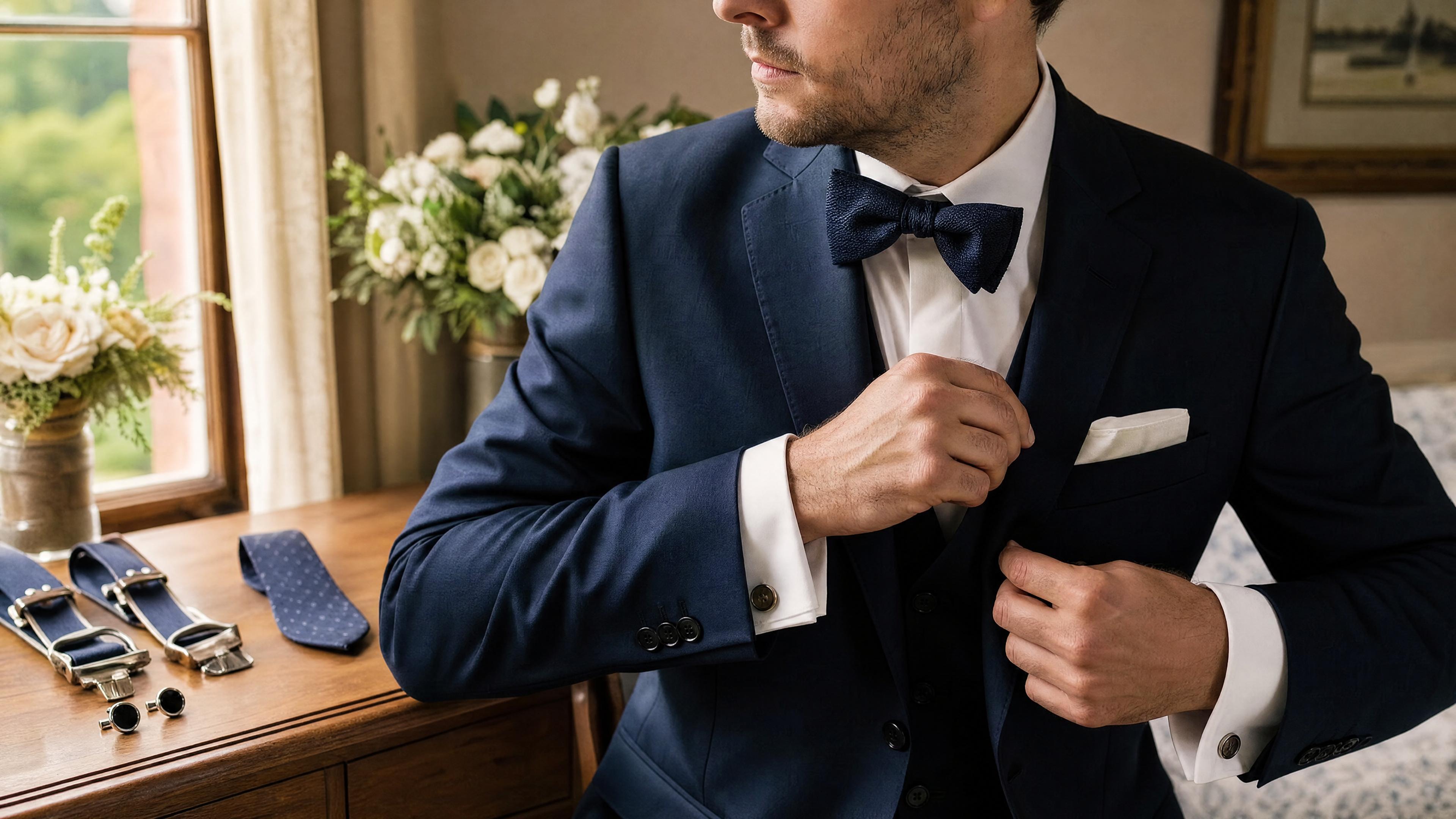 Homme en costume ajustant son nœud papillon et sa pochette lors des préparatifs d’un mariage Kuva