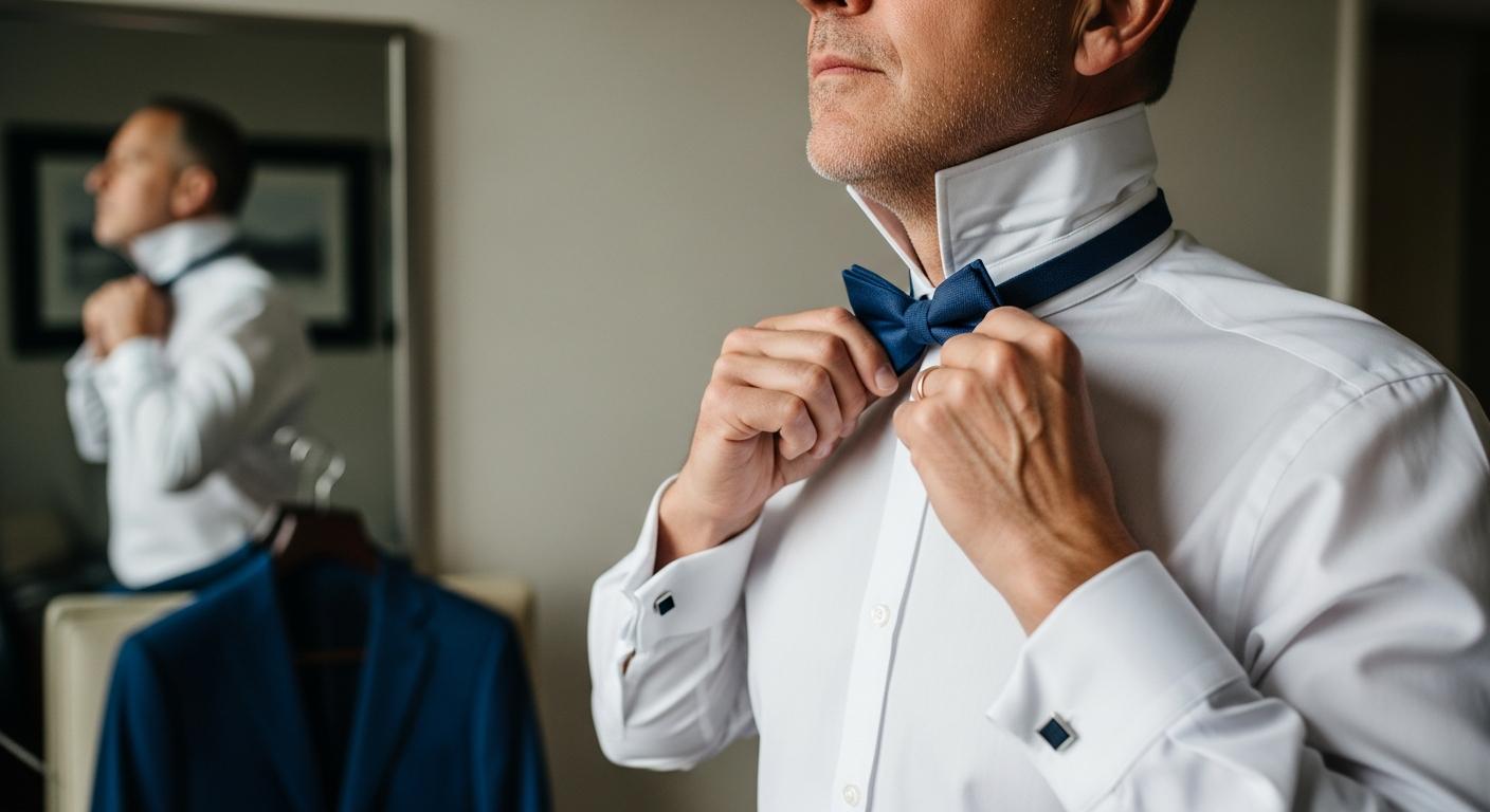 Homme ajustant un nœud papillon devant un miroir, en chemise blanche, pour illustrer le choix selon la morphologie Kuva