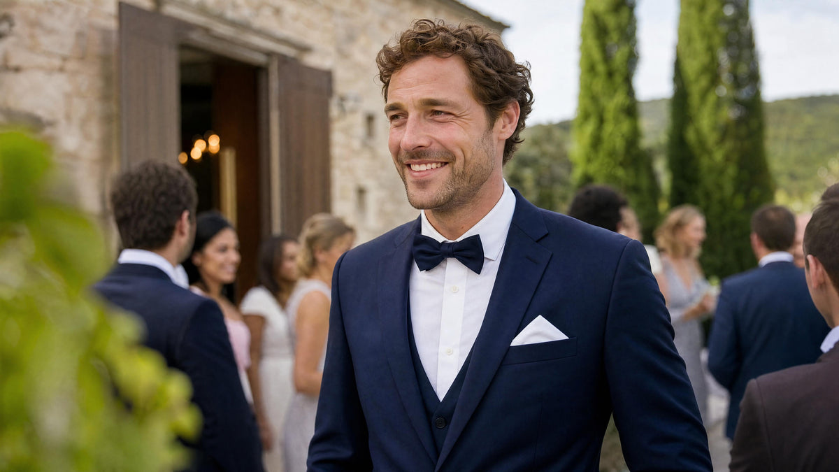 Homme en tenue de mariage avec accessoires assortis à un costume bleu marine. Kuva