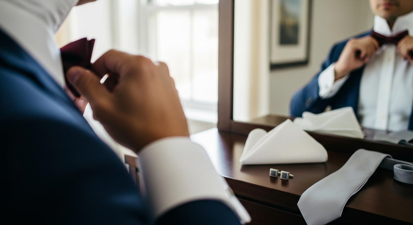 Homme en costume bleu marine ajustant un nœud papillon bordeaux devant un miroir, avec accessoires de mariage posés sur une commode Kuva