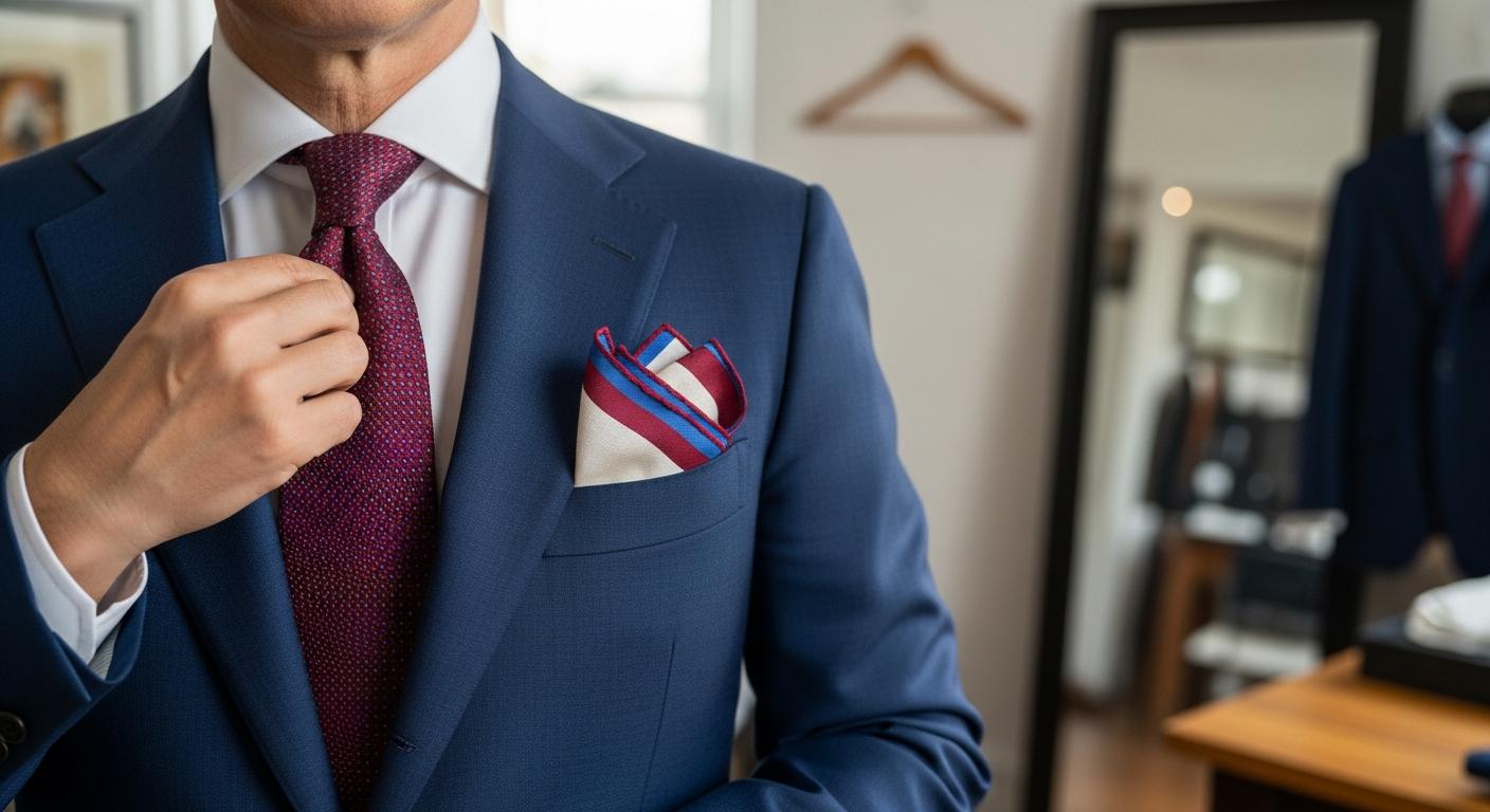 Homme en costume bleu marine avec cravate bordeaux et pochette en lin ivoire assortie, photographié en lumière naturelle près d’une fenêtre Kuva