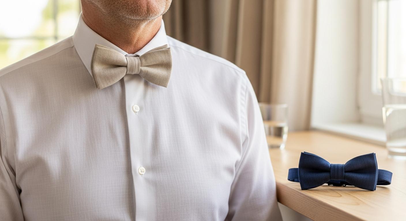 Homme en chemise blanche portant un nœud papillon en lin beige, avec un nœud papillon en coton bleu marine posé sur une table en bois dans une lumière douce d’été Kuva