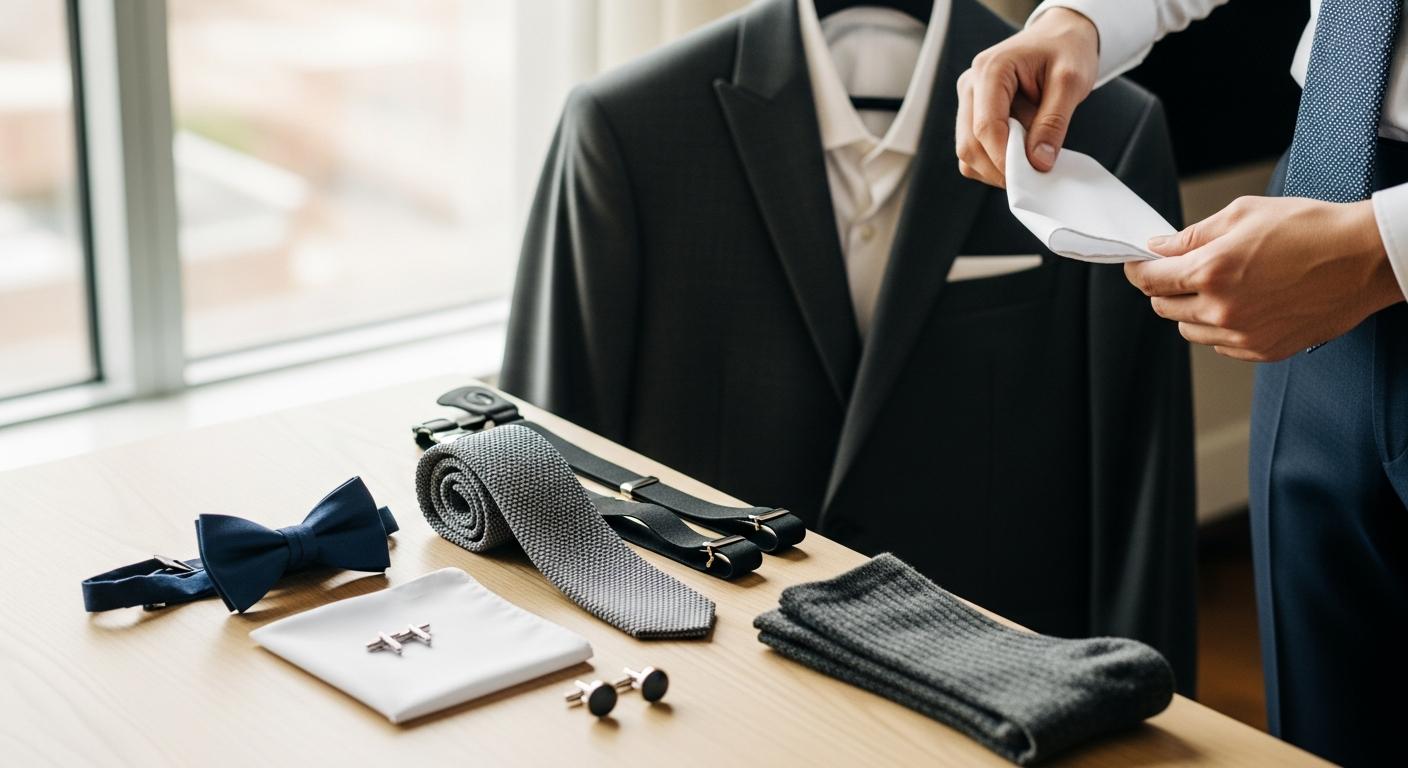 Accessoires de costume posés sur une table en bois, avec un homme qui compare nœud papillon, cravate et pochette près d’une fenêtre Image