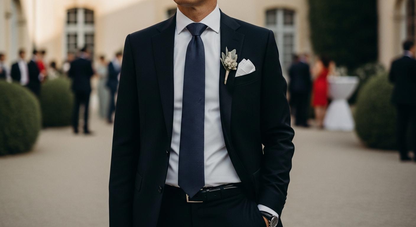 Homme en costume noir avec chemise blanche et cravate élégante lors d’un mariage, cadrage mi-corps en lumière douce Kuva