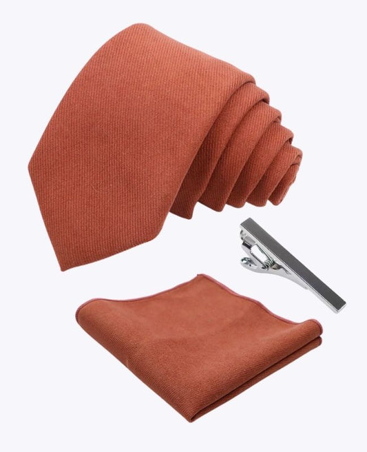 Cravate + Pochette de Costume + Pince à Cravate Terracotta n°3 Homme en Effet Velours «Simon»