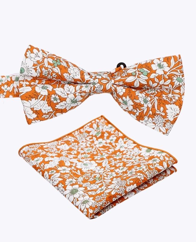 Noeud Papillon + Pochette de Costume Liberty Orange Homme en Coton «Clovis»