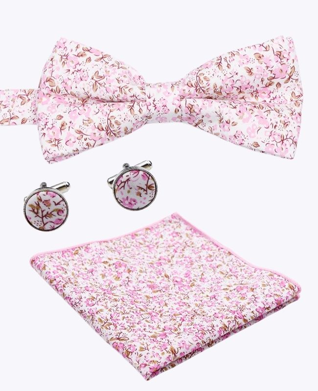 Noeud Papillon + Pochette de Costume + Boutons de Manchette Liberty Rose n°4 Homme en Coton «Gaspard»