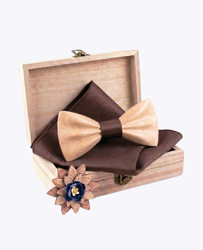 Coffret Noeud Papillon Marron Homme en Bois Clair «Hippolyte»